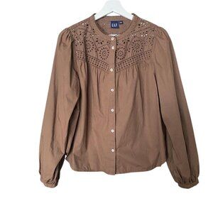 GAP Brown 100% Cotton Eyelet Puff Sleeve Button Down Shirt Top Size M